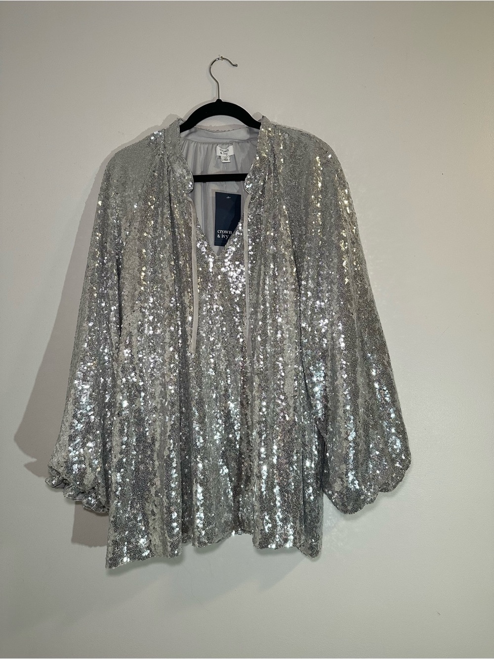 Crown & Ivy Silver Sequin Long Sleeve Top